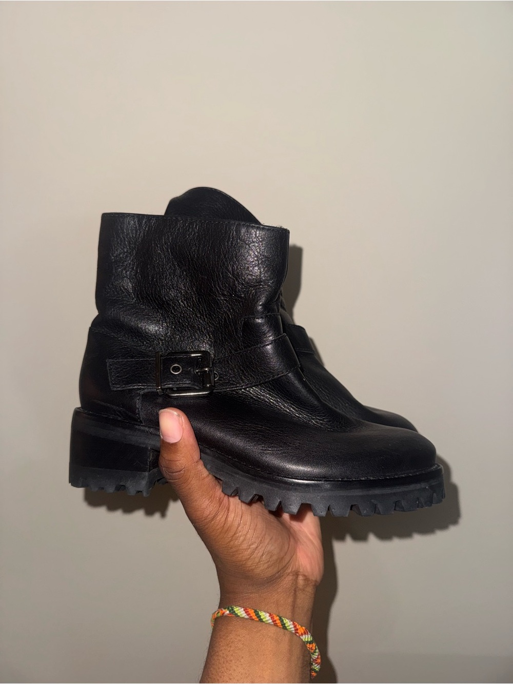 Schutz Black Leather Lug Sole Ankle Boots